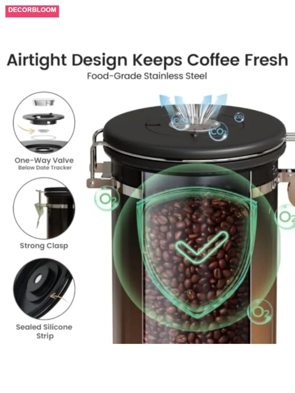 Stainless Steel Coffee Canister Airtight Container 22oz Food Storage